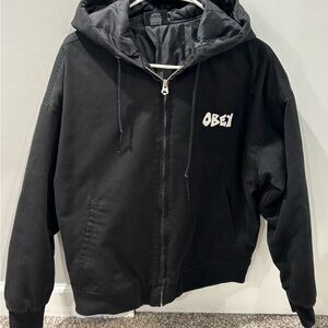 Men’s Small Obey Hell on Earth Black Hooded Work Jacket - Warm and Great Shape!